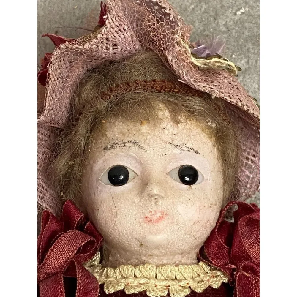 ANTIQUE 10 INCH WAX HEAD LADY‎ DOLL CLOTH BODY PAPER MACHE LEGS WOOD ARMS